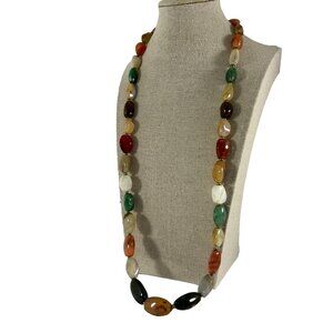 Multicolor Polished Gem Stone Necklace Fall Colors Beaded Gold Tone Spacers